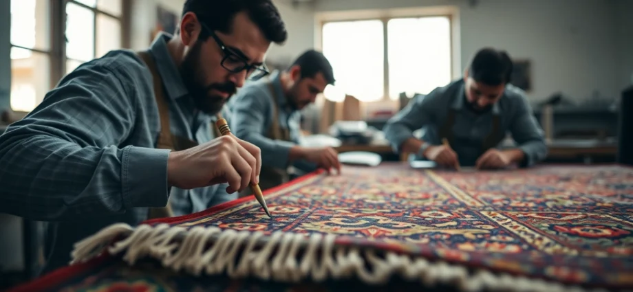 Expert craftsmen performing Restauro Tappeti Milano with careful restoration techniques on an