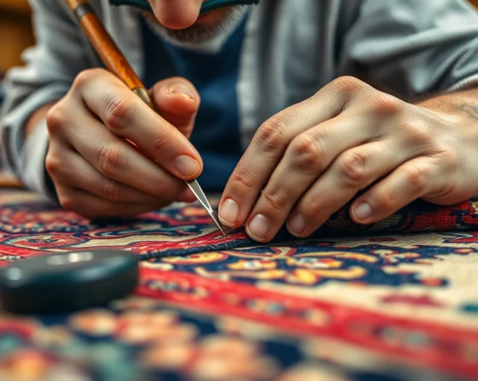 Expert restoring a vintage rug showing Restauro Tappeti milano with detailed craftsmanship and