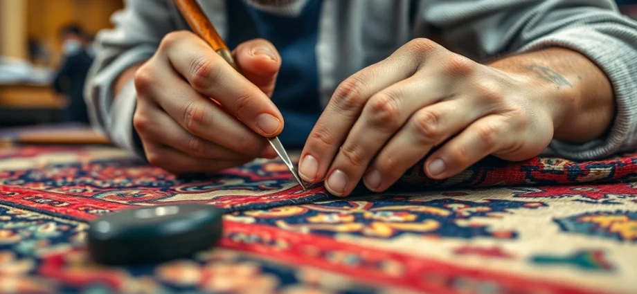 Expert restoring a vintage rug showing Restauro Tappeti milano with detailed craftsmanship and