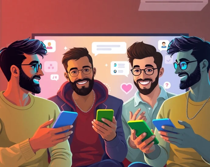 Engaging gay chat community with diverse men connecting online using smartphones in a lively