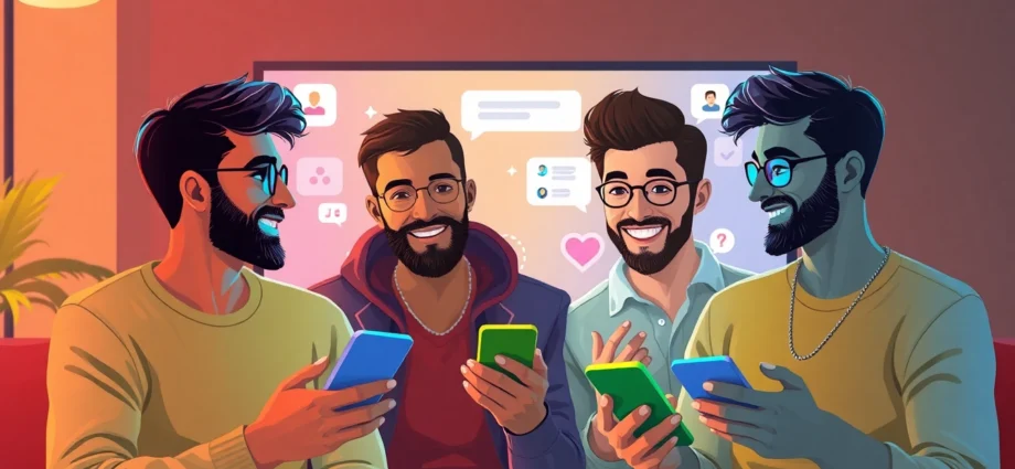 Engaging gay chat community with diverse men connecting online using smartphones in a lively