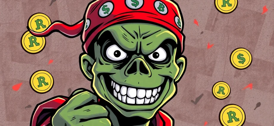 Action-oriented meme coin for rebels illustration featuring angry Pepe with rebellious symbols
