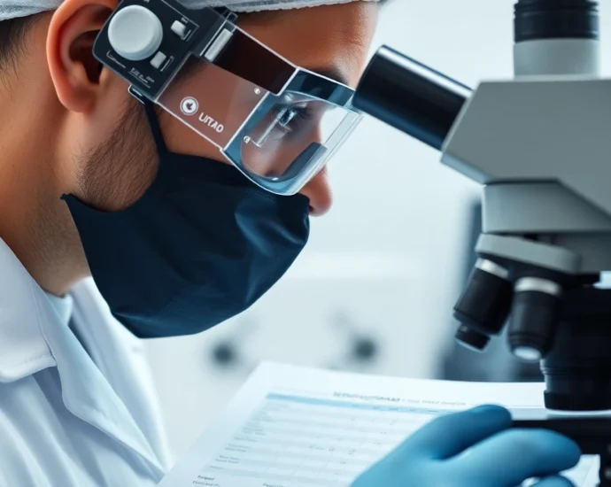 Laboratory technician examining spermiogramma test results for male fertility assessment