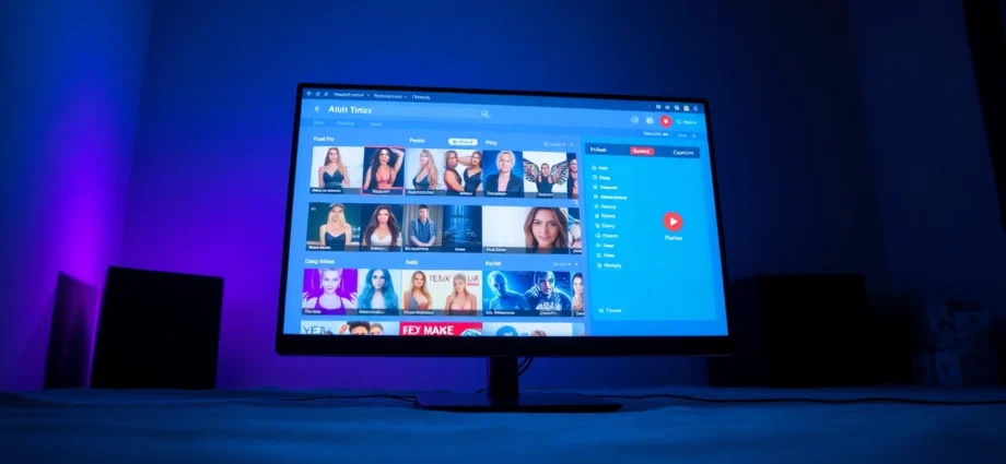 A computer screen displaying an adult website interface with thumbnails of videos and categories, illuminated by blue and purple ambient light.