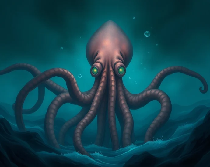 Majestic Kraken depiction of a mythical giant squid attacking a ship in deep blue ocean,