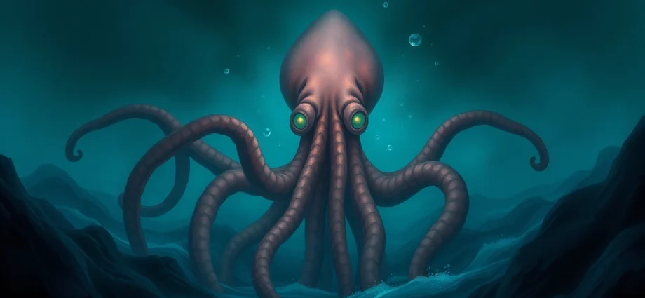 Majestic Kraken depiction of a mythical giant squid attacking a ship in deep blue ocean,